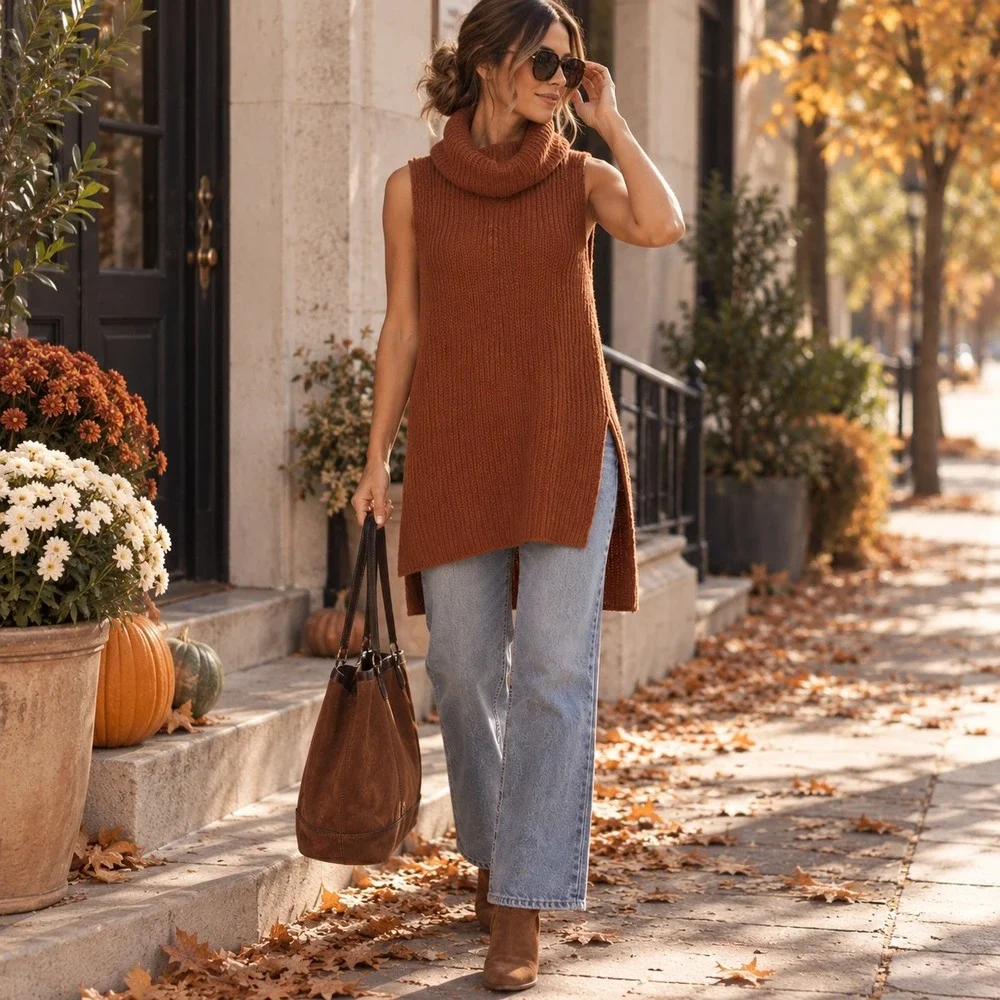 Free People Earthy Lambswool Sweater Vest L Rust Turtleneck Split Back Autumn